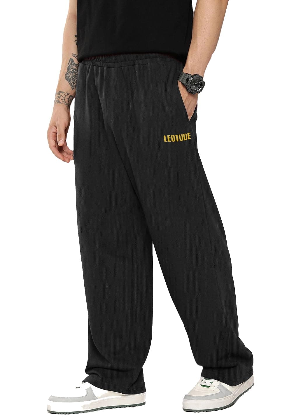 LEOTUDE Men Textured Stylish Straight Fit Trousers | Stylish Loose Fit Track Mid Rise Pants (TRK209_P_Black_2XL)