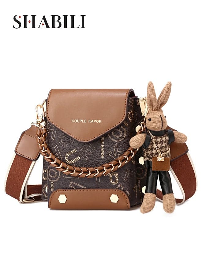 Women PU Shoulder Crossbody Satchel Bag Tote Handbag, Ladies Youth Printed Chain-Decor Large-Capacity Multi-Pocket Cross Bags With Bunny Charm, Secure Phone Makeup For Daily Casual Travel Party