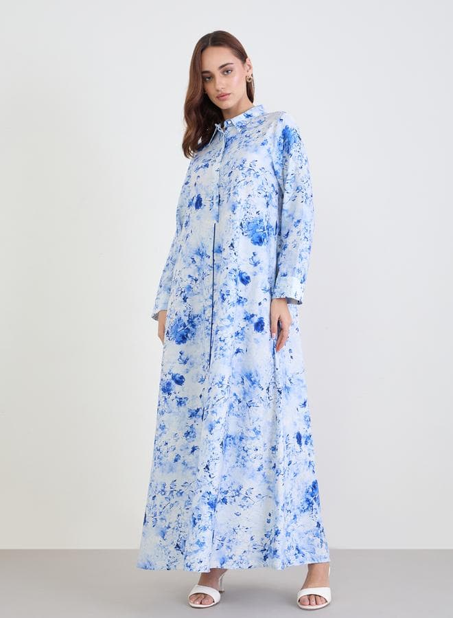 Women Blue Floral Printed Collared Jalabiya