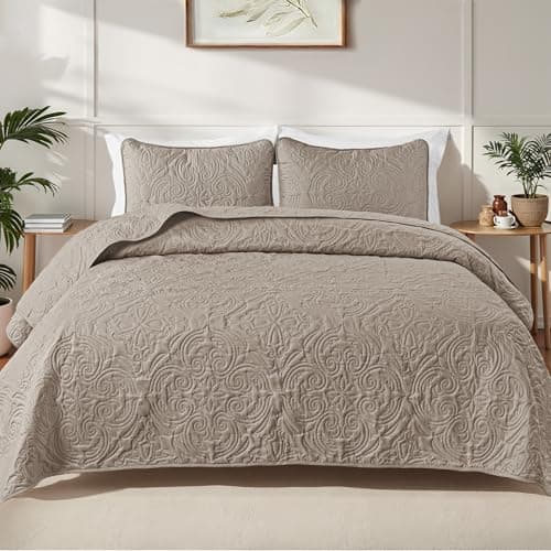Exclusivo Mezcla Quilts Queen Size Bedding Set with 2 Pillow Shams Lightweight Taupe Full Queen Quilt Bedspread with Vintage Damask Pattern Soft Bedspreads Coverlets for All Seasons