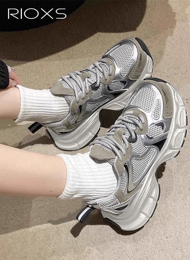 Chunky Sneakers for Women, Comfortable Chunky Platform Sneakers, Casual Breathable Mesh Athlesiure Shoes for Ladies, Classic Lace-up Sports Shoes, Lightweight Anti-slip Platform Thick Walking Shoes, Lady Athletic Tennis Shoes for Strolls/ Sports/ Work and Far Beyond, Daily Dad Shoes Grey
