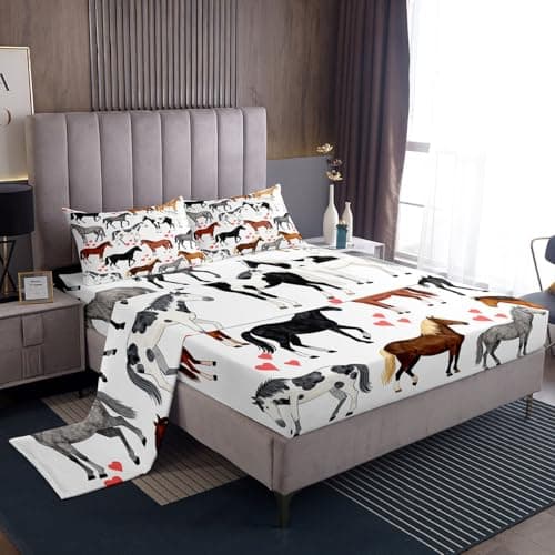 Erosebridal Horse Sheet Set Full Farm Fitted Sheet Kids Boys Girls Teens Cute Animal Flat Sheet Cartoon Horses with Pink Lover Heart Decor Kawaii Top Sheet Cowboy Cowgirls Bed Sheet Set 4Pcs