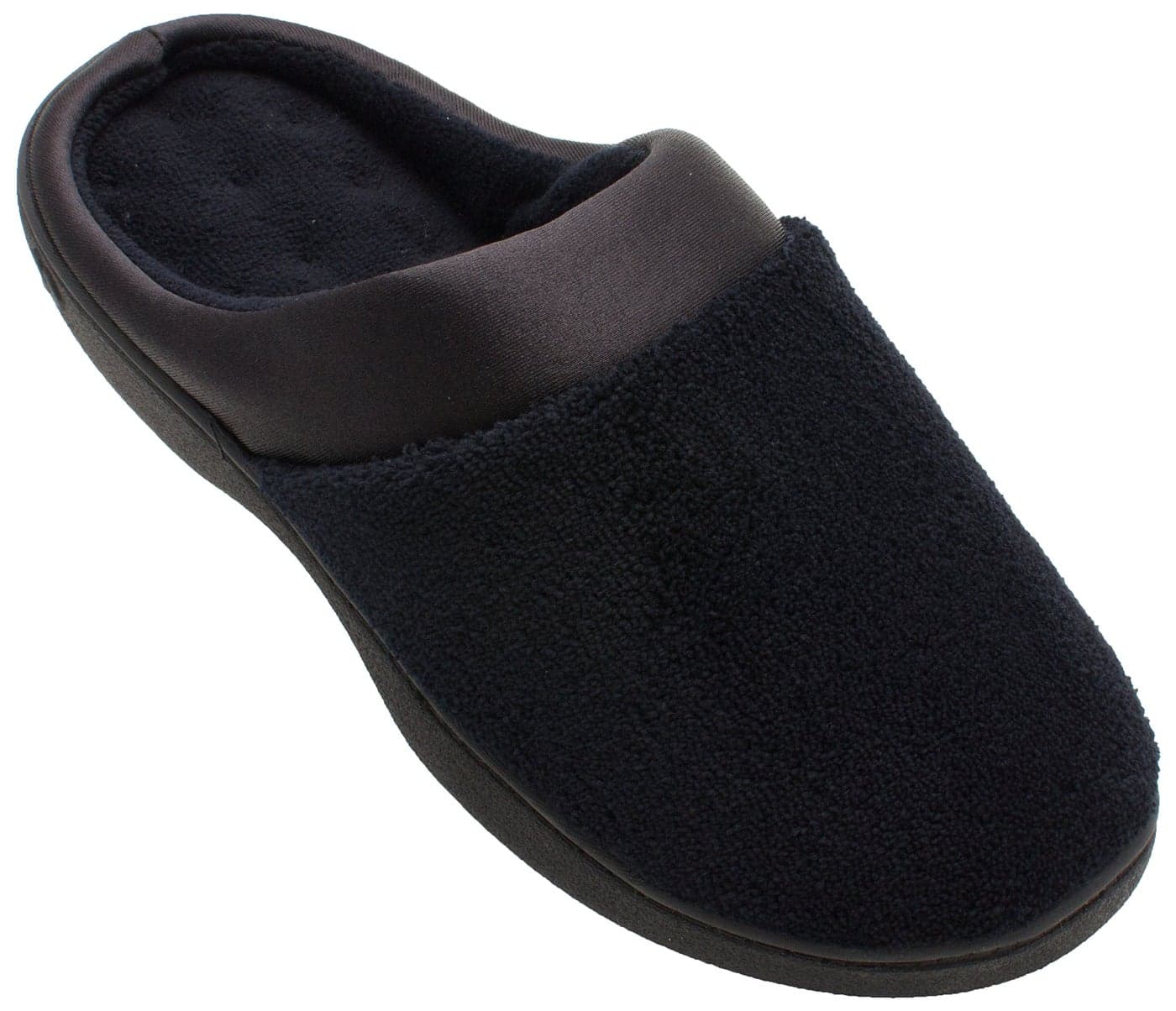 isotoner Women's Indoor/Outdoor Slip-on Terry and Satin Clog Slippers with Memory Foam Comfort , Black, 6.5-7