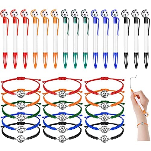 Sabary 30 Pcs Sport Theme Party Favors Set 15 Pcs Soccer Pens 15 Pcs Soccer Theme Bracelets Ballpoint Pens Adjustable Bracelet Sport Party Gifts for Kids Teens Team Members Multicolor