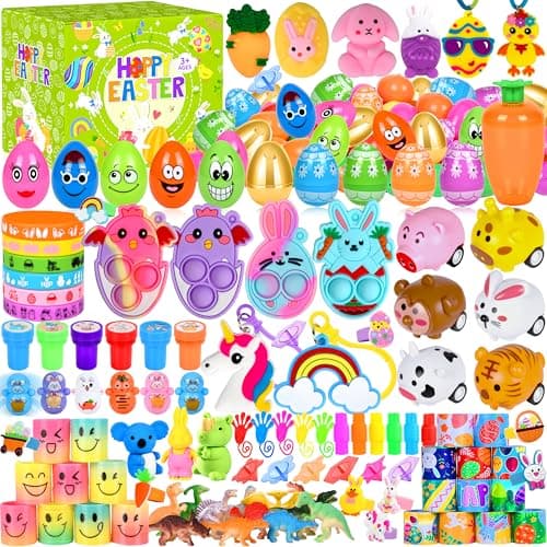 330Pcs Colorful Prefilled Plastic Easter Set 110 Plactic Eggs Filled with 220 Assorted Toys Stickers Party Favors for Kids Boys Girls Toddlers Easter Eggs Hunt Basket Filler Stuffers Supplies