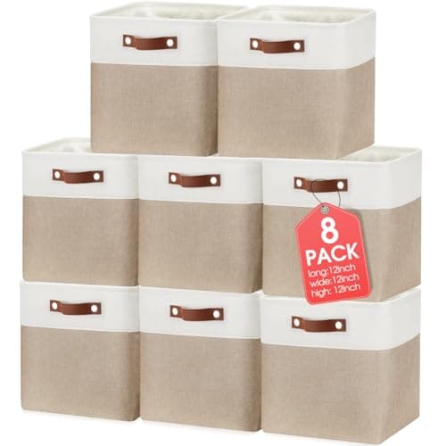 Uiifan 8 Pack Fabric Storage Basket Storage Bin with Handles Linen Decorative Containers Organization Bins for Shelves Closet Organizer Baskets for Toy Nursery