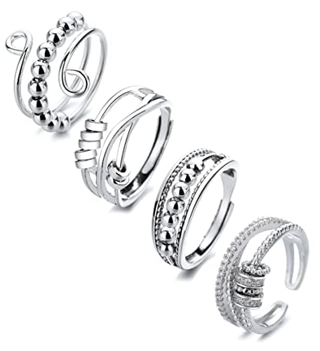 BOMAIL 4PCS Fidget Spinner Rings for Women Open Spinning Kunckle Stackable Rings Adjustable Stainless Steel Rings