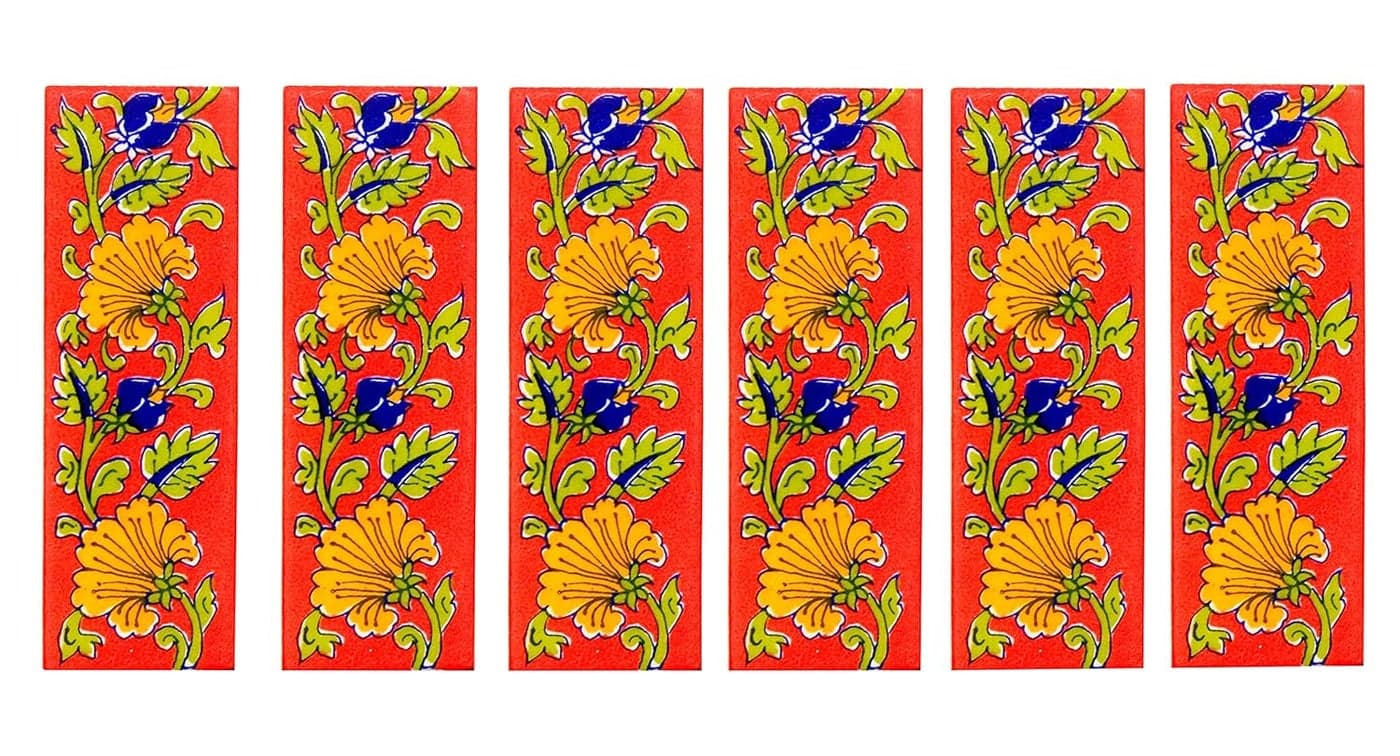 Shiv Kripa Blue Pottery Home Decor Wall Mural Mosaic Tiles Ceramic Handmade Wall Decor Tiles 2 x 6 Inch Set of 6 Tiles Multi Color
