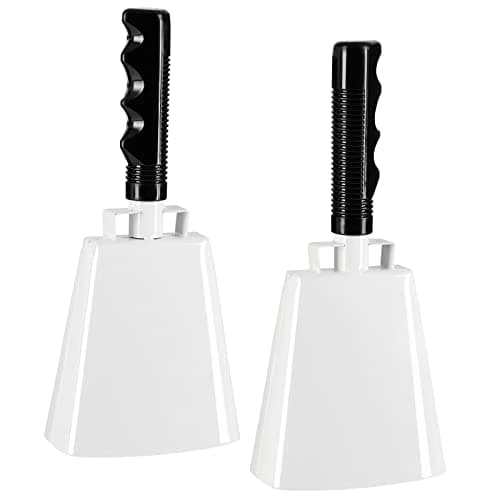 BLUE PANDA 2 Pack Cow Bells Cowbells for Sporting Events Percussion Noise Makers with Handle for Football Games Stadiums White Cowbell 95inch Cow Bell