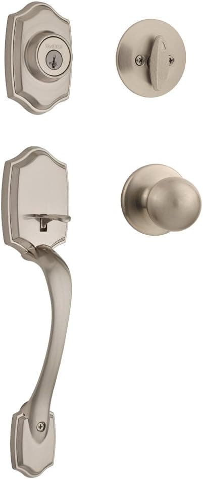 Kwikset Belleview Front Door Lock Handle and Deadbolt Set Entry Handleset Exterior with Interior Door Knob Satin Nickel Pick Resistant SmartKey Rekey Deadbolt Security