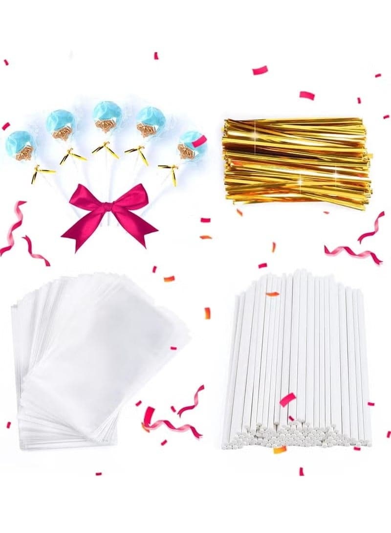 300PCS DIY Cake Pop Sticks and Wrappers Set,Including Paper Lollipop Sticks,Clear Candy Treat Bags Parcel,Gold Twist Ties for Cakepop,Lollipop,Hard Candy,Suckers,Chocolate Gift