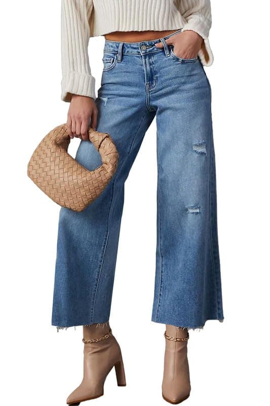 Allimy Womens High Waisted Straight Ankle Wide Leg Ripped Jeans Frayed Hem Stretchy Capri Denim Pants Blue Size 10