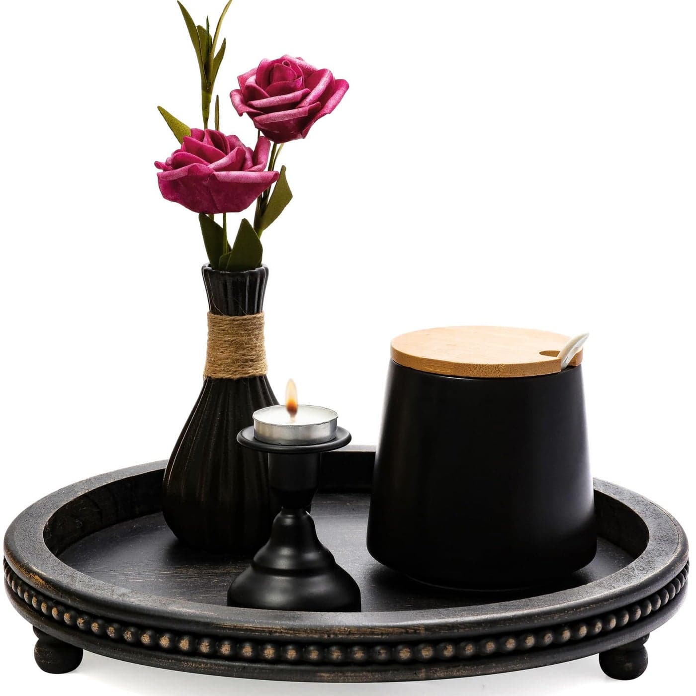KULEDM Wooden Tray Decor Small Beaded Coffee Table Tray Decor Black Round Decorative Tray for Coffee Table Dining Room Table Entryway and Living Room Table