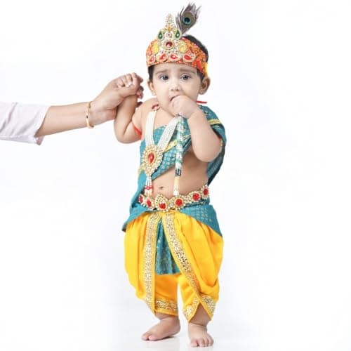 ITSMYCOSTUME Krishna Dress for Baby Boy Kids Set of 10(Dhoti,Hip Cover,Patka,Mukut,Morpankh,Bansuri,Kamarband,Bajuband,Kundal) Little Krishna Ji Kanha Janmasthmi Costume