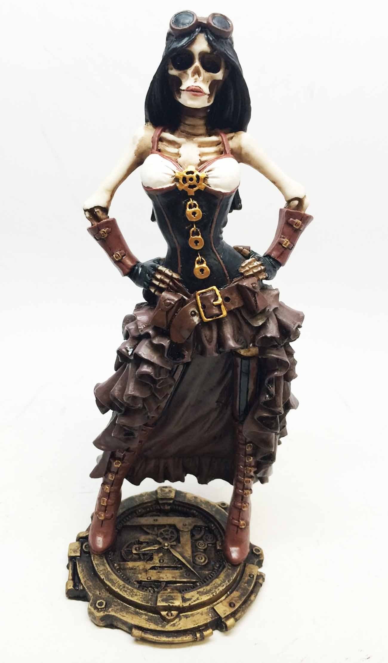 STEAMPUNK LADY OFFICER SKELETON SCULPTURE INVESTIGATING CRIME SCENE FIGURINE