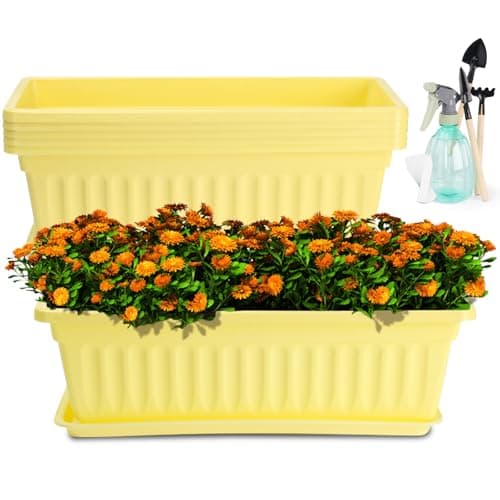 HOXHA 6 Pack Window Box Planter, 17 Inches Vegetable Flower Plastic Planter Boxes with Tray, Rectangular Planter Indoor and Outdoor Flower Pots for Windowsill, Patio, Porch, Garden Balcony, Yellow