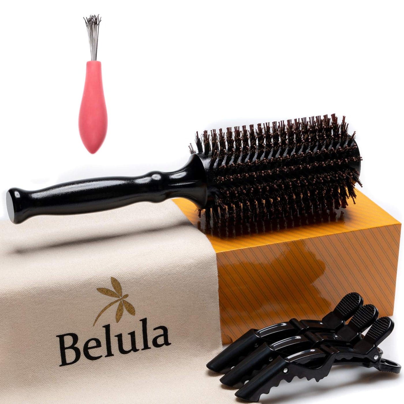 Belula Boar Bristle Round Brush for Blow Drying Set Round Hair Brush With Large 27 Wooden Barrel Hairbrush Ideal to Add Volume and Body Free 3 x Hair Clips Travel Bag