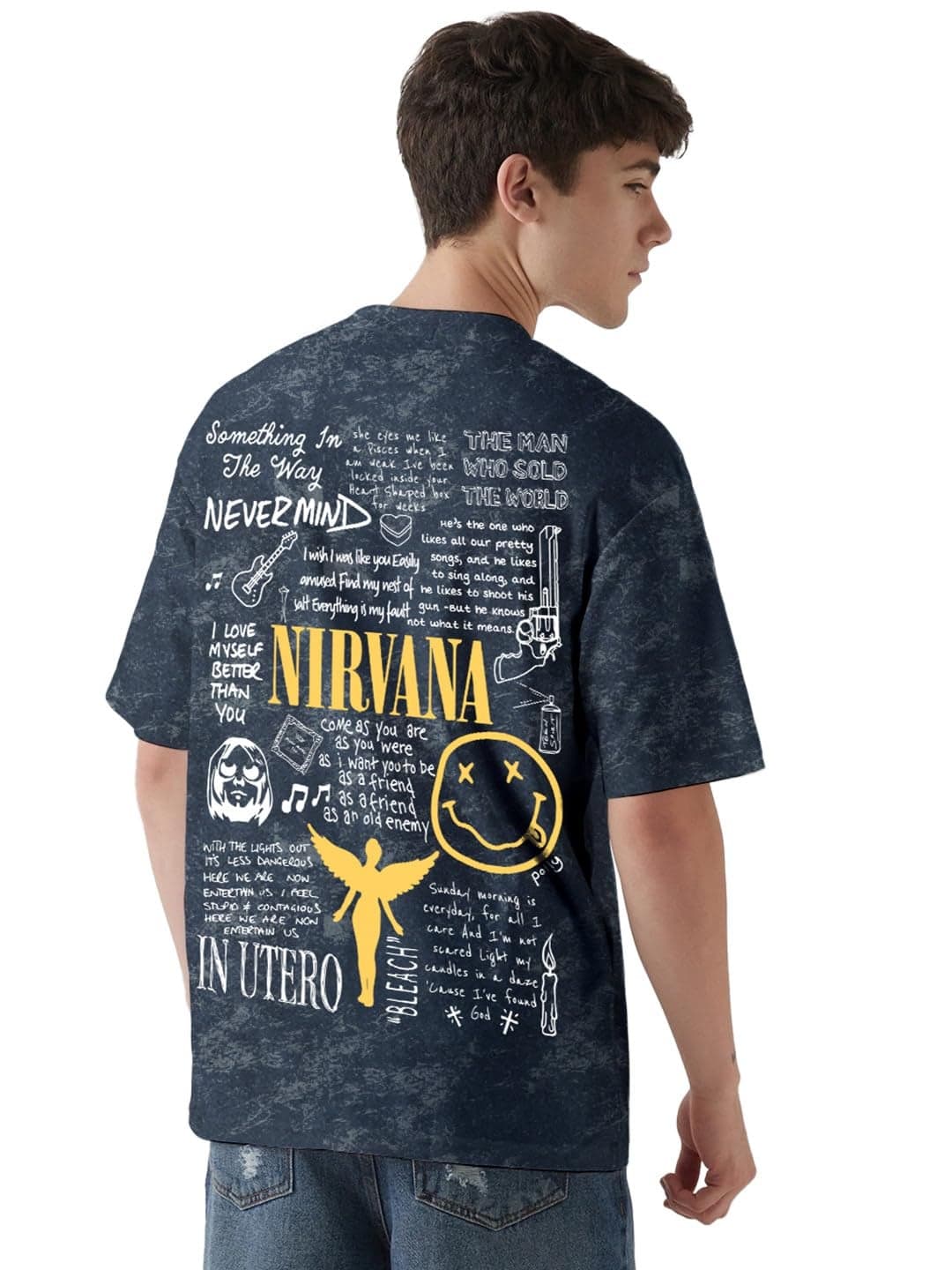 crazymonk Nirvana Acid Wash Graphic Printed Oversized T-Shirt - Navy Blue - M