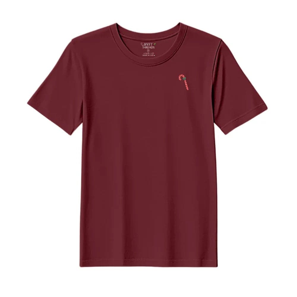 Threads XL Pomegranate Polycotton T-Shirt - Christmas "Candy Cane with Bow" Embroidered Design, Premium Holiday Collection