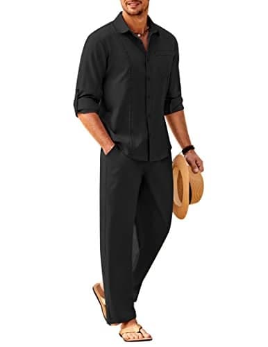 COOFANDY Men Long Sleeve Cuban Guayabera Shirt and Beach Pants Sets Casual Linen Sets Beach Wedding Outfit for Men