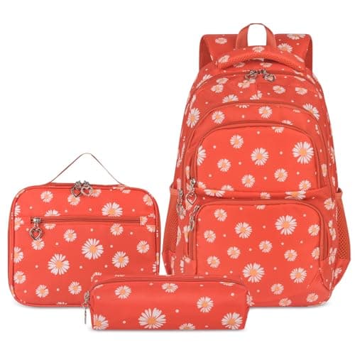 goldwheat Daisy Printed Backpacks With Lunch Pack Pencil Case 3pcs Lightweight Water Resistant Bookbag For Middle School