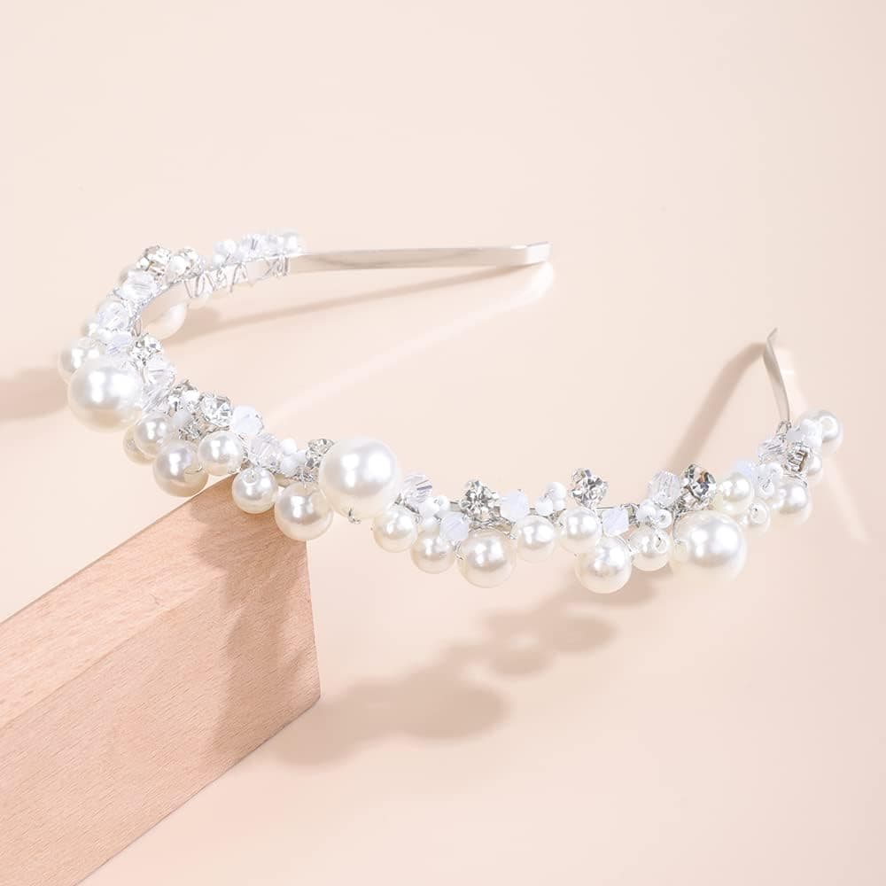 JWICOS Bridal Headband Pearl Tiara for Women Rhinestone Wedding Hair Accessories Headpieces for Brides and Bridesmaid