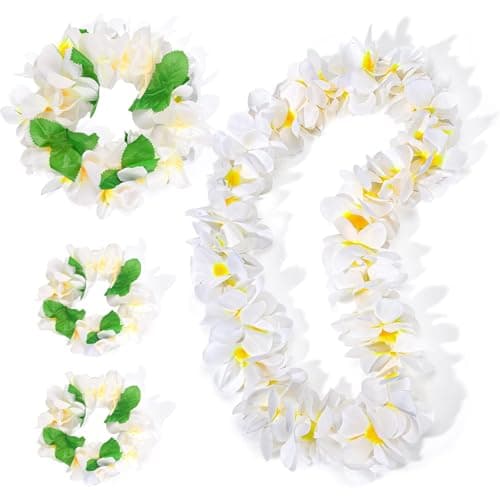 LovesTown 4PCS Hawaiian Lei Set, White Luau Wreath Garland Hawaii Leis Flower Headpiece Necklace Bracelet Summer Pool Beach Party Decorations