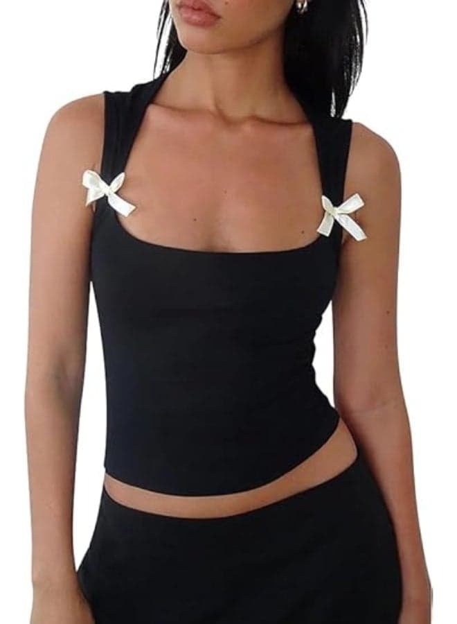 Women's Y2K Bow Tank Top, Sleeveless Scoop Neck Crop Cami Shirt for Summer, Aesthetic Preppy Style Going Out Tops for Casual Wear or Night Out(L)