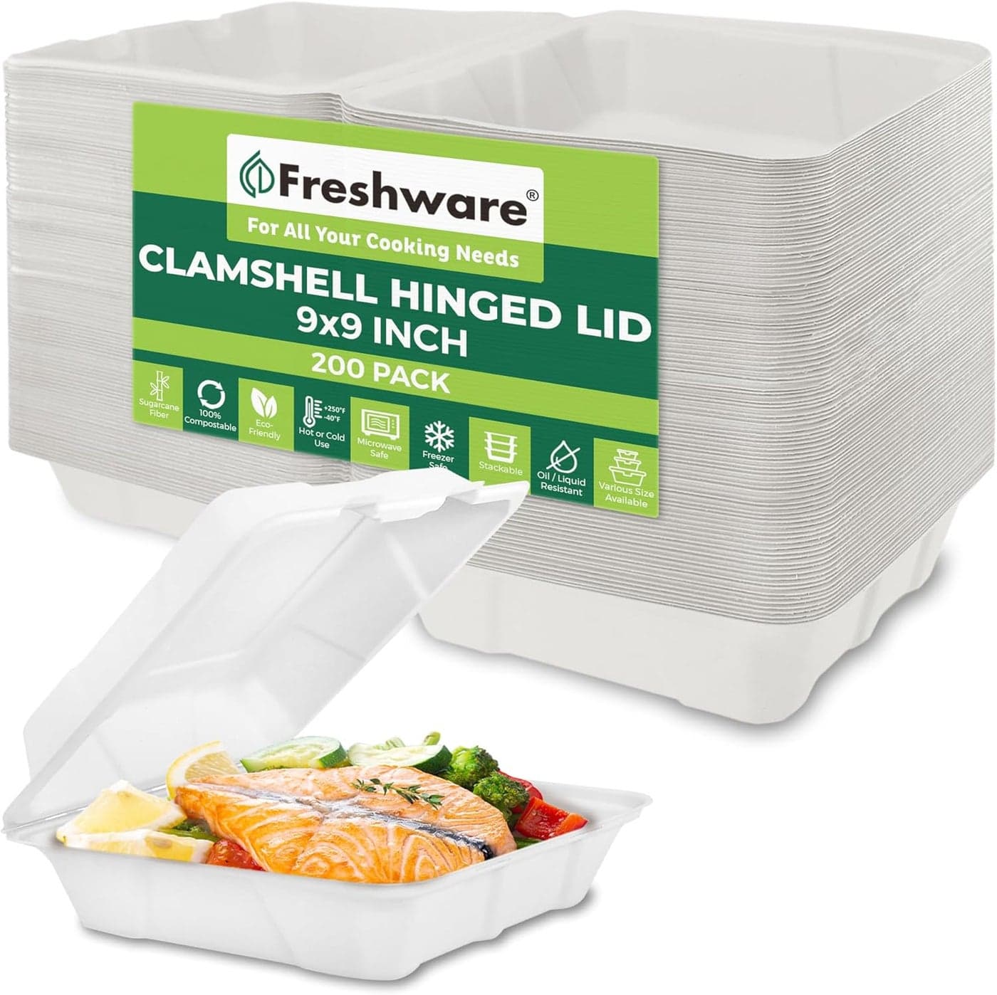Freshware Compostable Clamshell Take Out Food Containers 9x9 200Pack Disposable To Go Containers Biodegradable Sugarcane To Go Boxes Paper Food Containers Microwave Freezer Safe Stackable