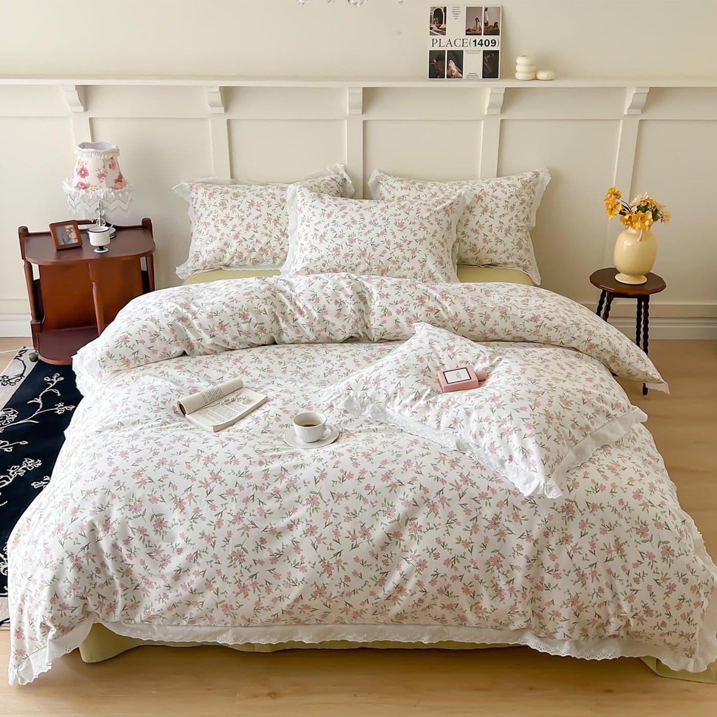 EAVD Cotton Floral Duvet Cover Queen Girl Pink Floral Ruffled Bedding Set with 2 Pillowcases French Garden Botanical Duvet Cover with Zipper Chic Fresh Pink Floral Comforter Cover