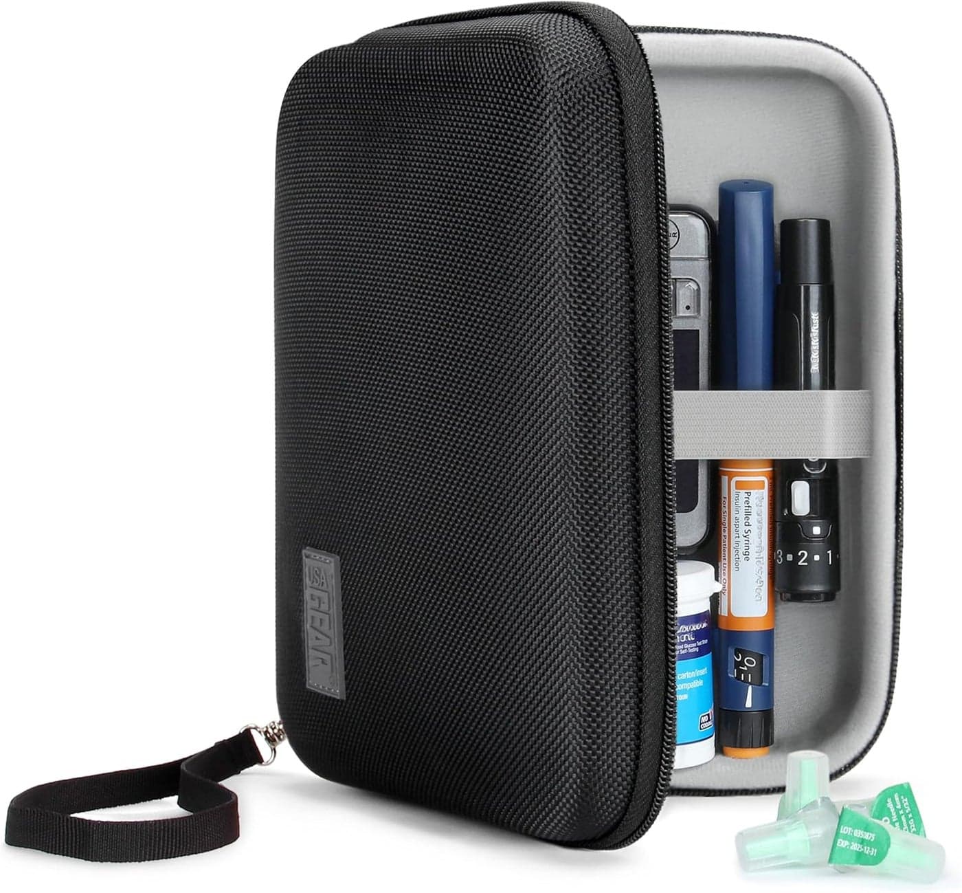 USA Gear Insulin Travel Case Fits Insulin Pen Needles, Lancets for Diabetes Testing, Syringes, Glucose Monitor Kit, Ice Packs(Not Included) & More - Diabetes Carrying Case with Wrist Strap - Black