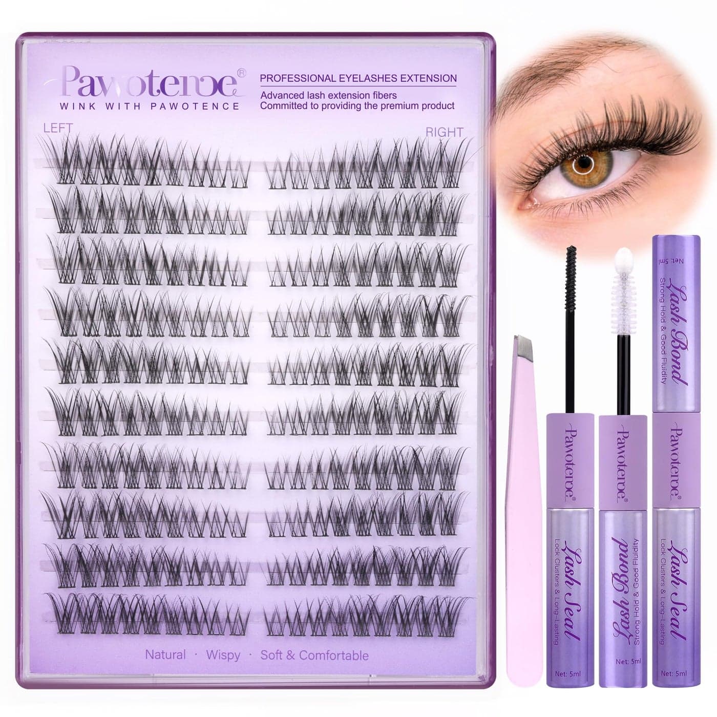 Pawotence Wispy Lash Clusters Kit Cat Eye Lash Extension Kit 180pcs Natural Individual Lashes Left Right Cluster Eyelash Extensions Kit with Lash Bond and Seal Lash Tweezers for Self Application