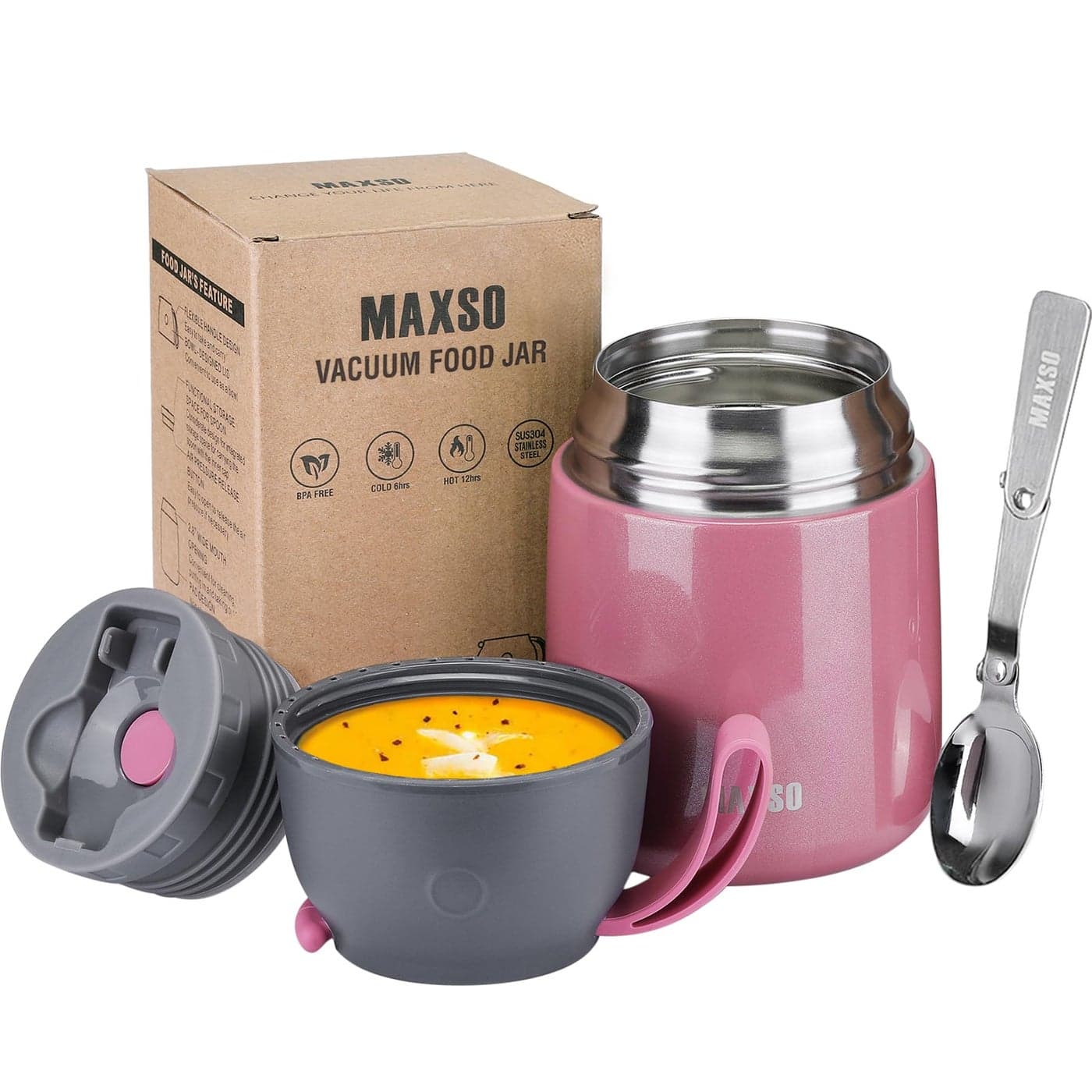 Insulated Food Jar for Hot Cold Food for Kids Adult17 oz Soup Thermo Hot Food Containers for Lunch Triple Layer Insulation Stainless Steel Food Jar with Spoon Pink