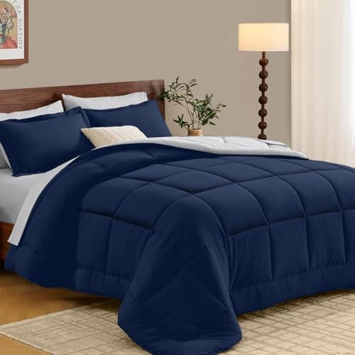 FUANNA Queen Comforter Set 7 Pieces, Reversible Bed in a Bag with All Season Soft Comforter, Bedding Sets Includes Comforter, Flat Sheet, Fitted Sheet, Pillowcases & Shams, Navy Blue & Light Grey