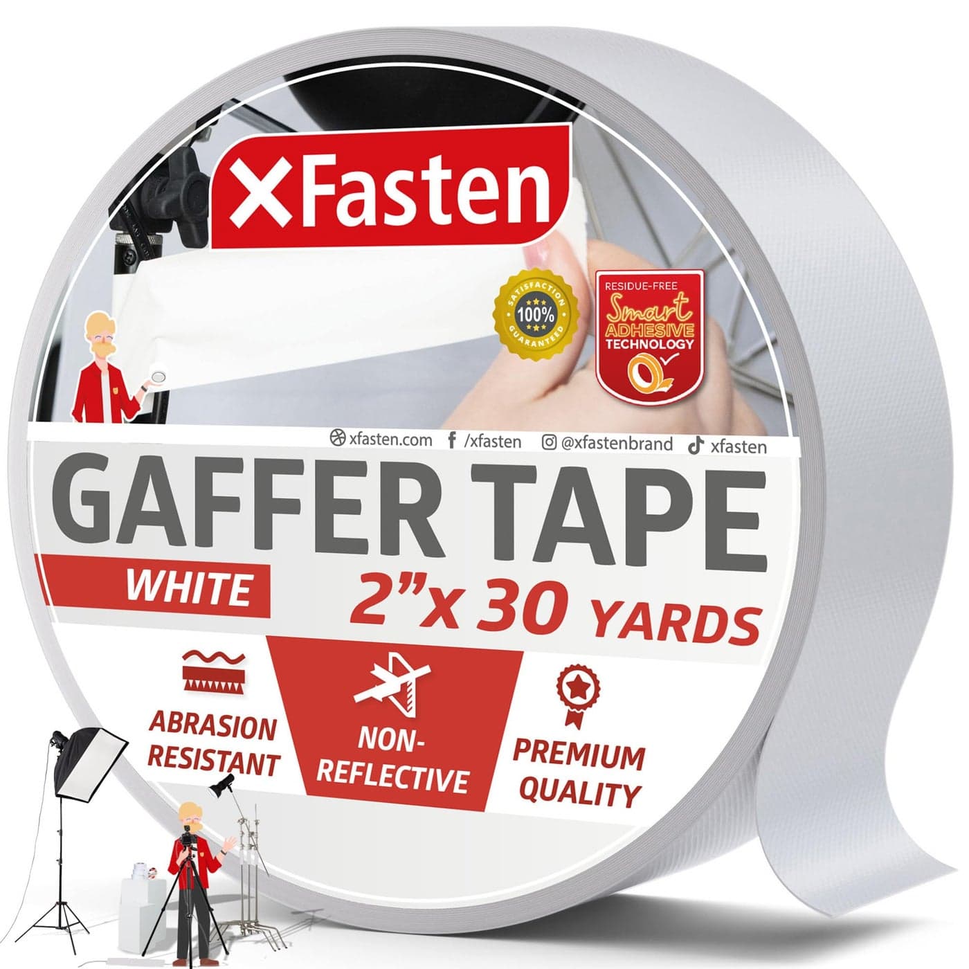 XFasten White Gaffers Tape 2 Inch x 30 Yards ResidueFree White Gaffer Tape 2 Inch NonReflective Matte Gaff Tape for Photography Floor Marking Wall Gaffing Console Labels