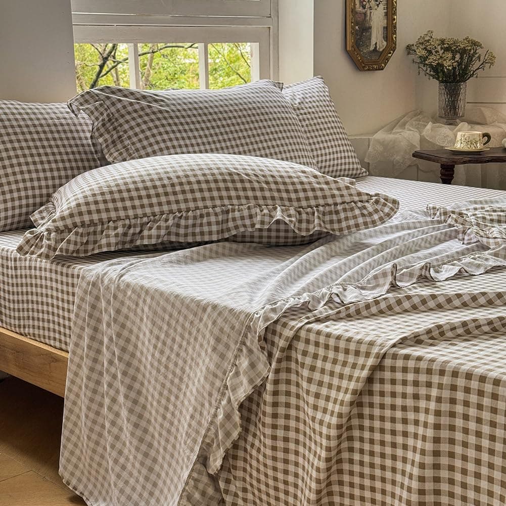 NSNLGSGC Tan Gingham Ruffle Queen Sheet Set Taupe Soft PreWashed Microfiber Plaid Queen Bed Sheets 4Pieces Farmhouse Sheet Set with Deep Pocket