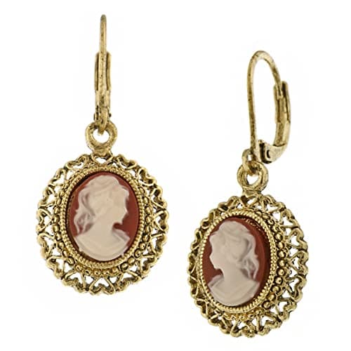 1928 Jewelry Dark Carnelian Oval Stone Heart Frame Drop Earrings For Women, Lever Back, 14K Gold Dipped, Made In USA