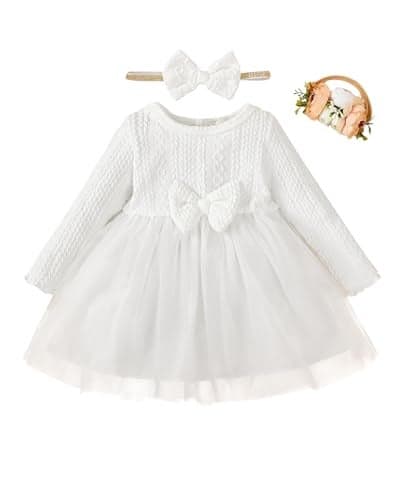 Baby Girl Dresses 3-6 Months Solid Infant Girls Clothes Winter Baptism Dresses for Baby Girls White Wedding Dress Baby Girls Tulle Christmas Dresses 3-6 Month Girl Clothes