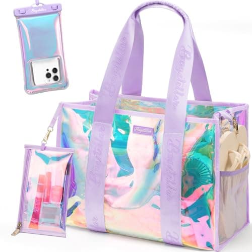 Bagstellar Beach Bags for Women, 3 PCS Large Iridescent Clear Beach Tote Bag with Zipper, Makeup Bag & Waterproof Phone Pouch Case, Sandproof Crossbody Swim Pool Bag Summer Vacation Travel Essentials