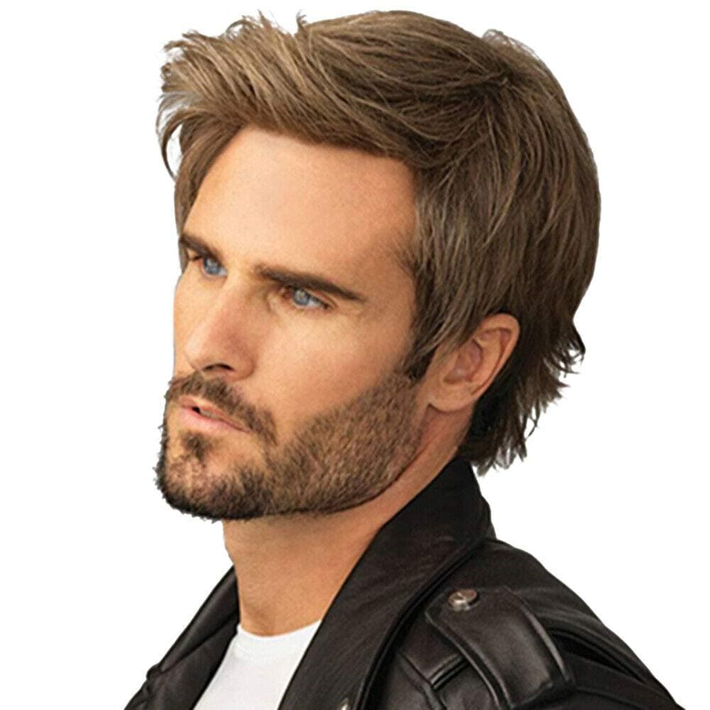 Kaneles Mens Wigs Short Straight Brown mix Natural Synthetic Cosplay Hair Wigs for Male Guy