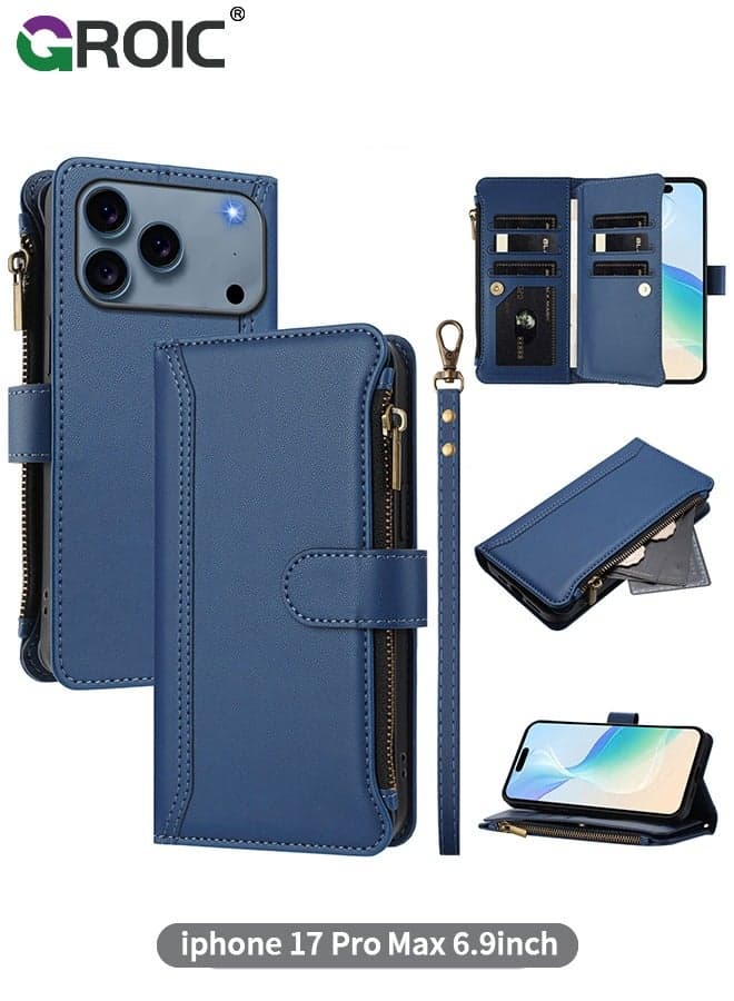 Compatible with iPhone 17 Pro Max Wallet Case, PU Leather Phone Case for iPhone 17 Pro Max,Flip Shockproof iPhone 17 Pro Max Phone Cover,Strap Zipper Pocket Credit Card Holder Slots iPhone 17 Pro Max Phone Shell 6.9 inch