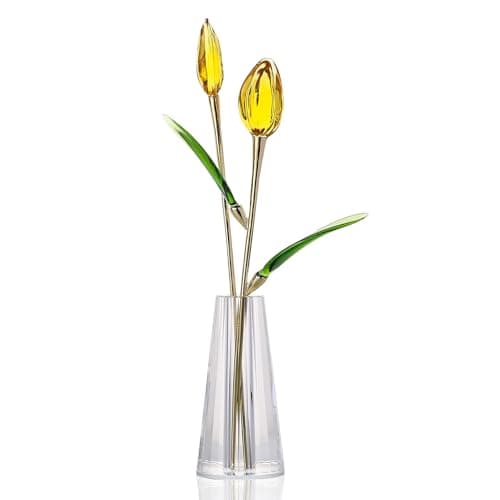 LONGWIN Crystal Tulips Flower Figurine Collectible with Vase Glass Spring Bouquet Flowers with Stem Home Decor Gift for Women Mom