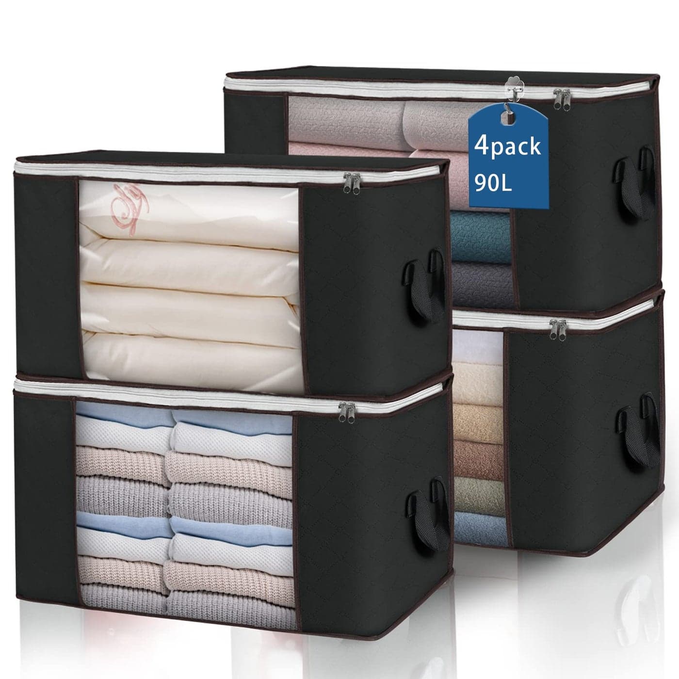 Large Storage Bags 4 Pack Clothes Storage Bins Foldable Closet Organizers Storage Containers with Durable Handles Thick Fabric for Blanket Comforter Clothing Bedding 90 L Black