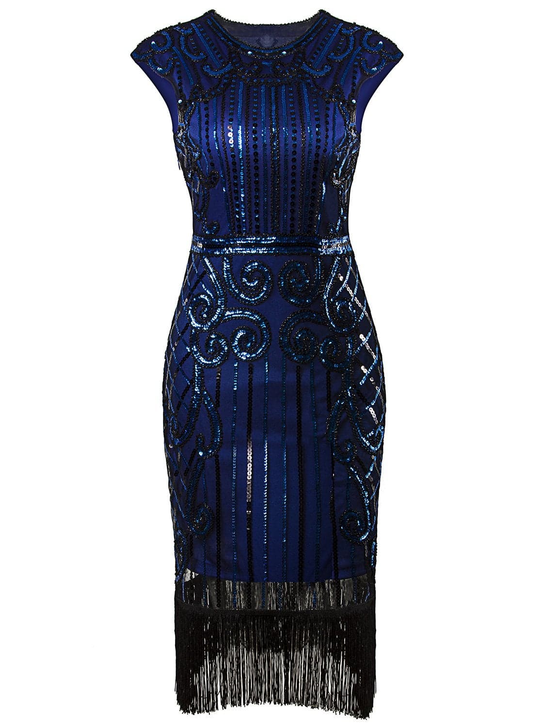 Vijiv 1920s Vintage Inspired Sequin Embellished Fringe Long Gatsby Flapper Dress,Medium,Blue
