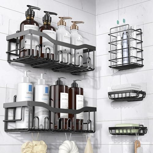 iSTAR 5 Pcs Wall Mounted Self Adhesive Bathroom Shelf Set with Toothbrush Holder & Hooks | Rust-Proof Shower Caddy |Multipurpose Storage Rack for Toiletries, Kitchen & Living Room Organizer (Set of 5)