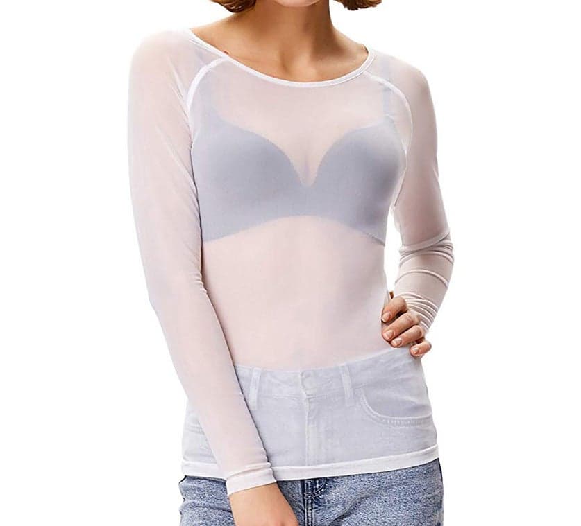 New Mesh Women'S Long-Sleeved See-Through Thin Super Stretch Gauze Top Bottoming Shirt Inner Wear