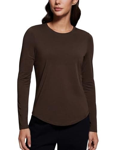 CRZ YOGA Pima Cotton Crewneck Long Sleeve Shirts for Women Workout Athletic Yoga Casual Tops Soft Plain TShirt Hot Fudge Brown Small