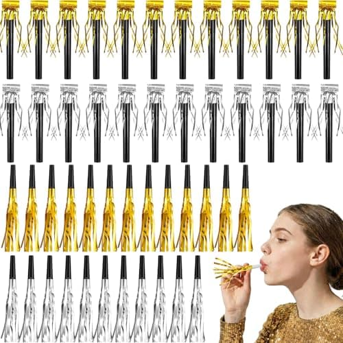 Skylety 48 Pcs Noise Makers Glitter Noise Makers Metallic Fringed Party Blowers Noisemakers Horns for Adults Birthday Graduation Sporting Events 2026 New Years Party Favor Supplies Gold Silver