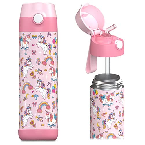 Jarlson kids water bottle with straw - CHARLI - insulated stainless steel water bottle - thermos - girls/boys (Unicorn 'Mosaic', 18 oz)