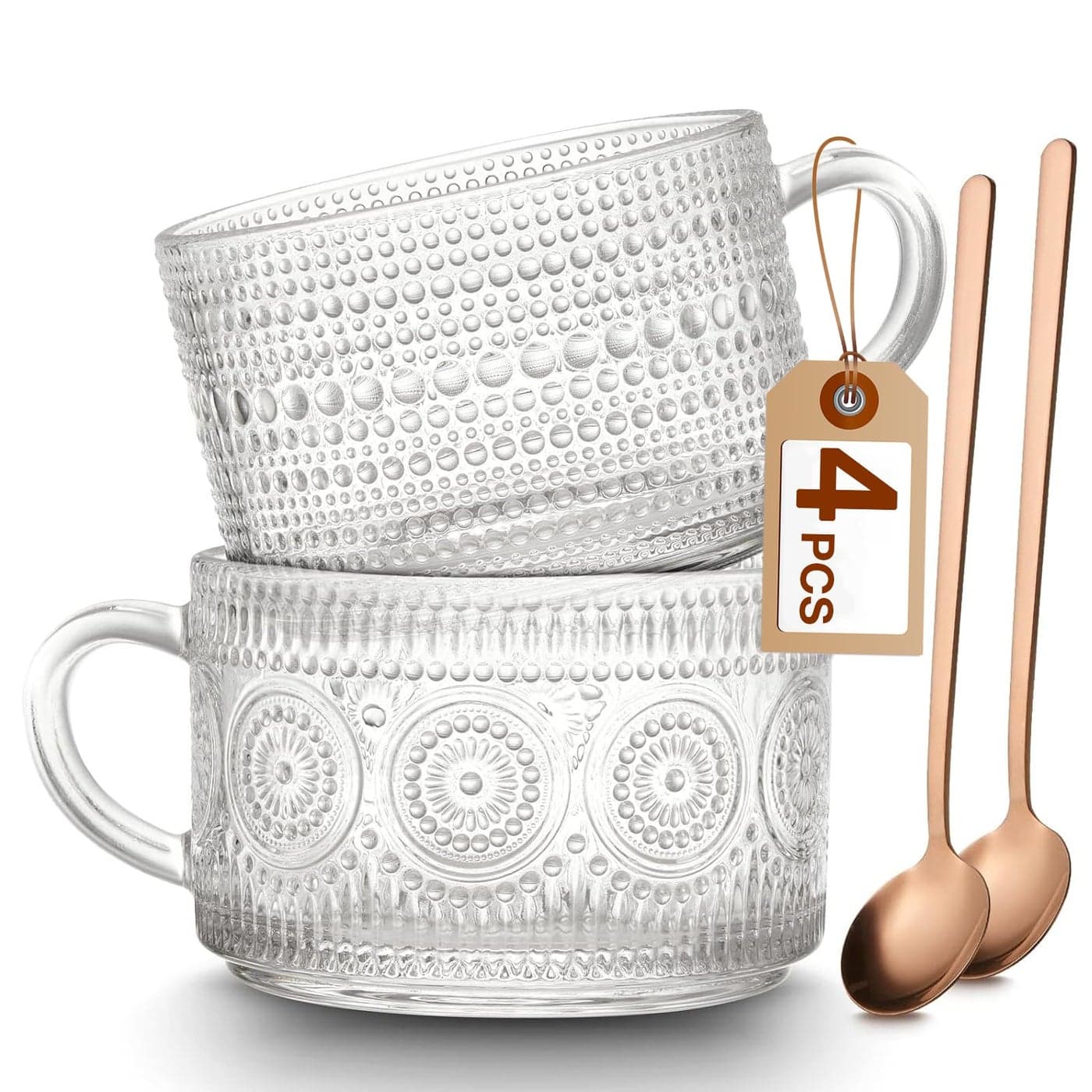 Mfacoy Vintage Coffee Mugs Set of 2 14 oz Embossed Glass Cups with Handle Clear Cups for Cappuccino Latte Cereal Yogurt Milk Hot or Cold Beverages